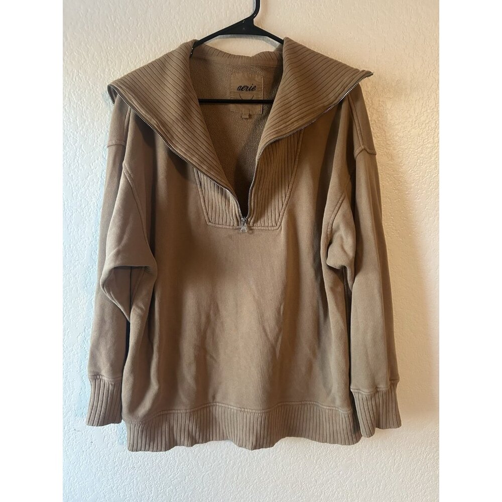 Aerie Chunky Knit Oversized Brown Collared Quarter Zip Sweater Small